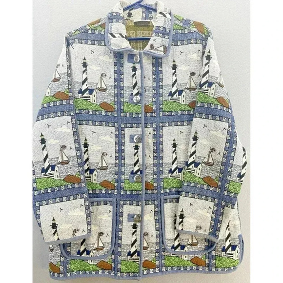Vintage Blair Coat Jacket Womens Multicolor Nautical Lighthouse Tapestry XLG - Picture 1 of 12